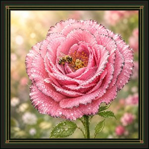 A mature pink rose glistens with fresh dew, its softly feathered petals edged in dramatic black-green. Golden stamens and the central pistil are fully exposed as a honey bee gathers pollen inside. A warm, blurred garden background and dark botanical frame complete the richly detailed, romantic floral composition, beautifully balanced.
