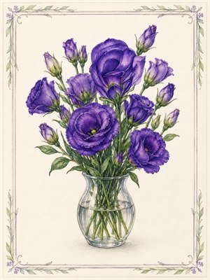 A delicate watercolor bouquet of purple lisianthus blooms rises from a clear glass vase, showing open flowers, soft buds, and yellow-green centers. Fine leafy borders frame the artwork with graceful botanical charm. Visible stems, gentle reflections, and cream paper texture create an elegant hand-painted floral keepsake full of refined beauty.