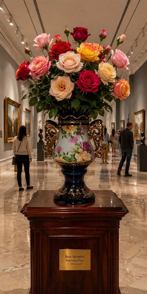 Discover timeless elegance as a richly decorated cobalt-and-gold porcelain vase takes center stage in a luminous modern museum. Resting on a finely carved rosewood pedestal, it overflows with vibrant roses in crimson, blush, peach, ivory, and gold, while visitors wander through the polished gallery, admiring art and beauty in harmony.