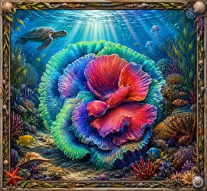 A luminous underwater coral bloom glows in vivid neon blues, greens, reds, and purples beneath streaming sunrays. Native reef fish, sea plants, jellyfish, and a graceful turtle surround the detailed coral centerpiece. A handcrafted ocean frame with shells, starfish, seaweed, and weathered wood completes the rich marine artwork.