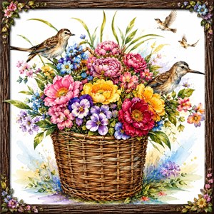 A vibrant hand-painted bouquet bursts from a richly woven wicker basket, alive with layered blossoms, soft leaves, and cheerful birds in motion. The rustic floral frame adds natural charm, while bright watercolor textures create warmth, depth, and freshness. This joyful artwork celebrates springtime beauty, garden life, and delicate craftsmanship beautifully.
