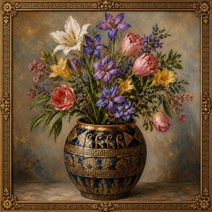 An elegant hand-painted still life showcases a lush bouquet bursting from an ancient Greek-style vase, rich with gold inlay, ornate patterns, and classical charm. Purple blooms, lilies, tulips, and delicate greenery glow against a warm textured background, completed by a refined gilded frame for timeless gallery appeal and collectible beauty.