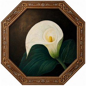 Elegant and radiant, this eight sided framed calla lily painting brings timeless beauty home. Rich oak grain, gold and silver inlay, and ornate spiral corners surround the glowing white bloom. Deep greens and warm shadows create a luxurious gallery piece perfect for charming decor, joyful display, and unforgettable artistic impact.