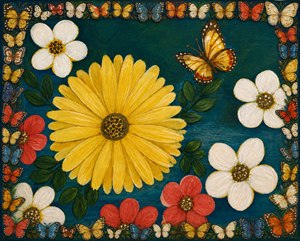 Celebrate this joyful floral painting, where a radiant yellow bloom glows among soft white blossoms, coral flowers, and deep green leaves. A warm butterfly floats above, while a lively collage frame of colorful butterflies adds wonder, motion, and charm. Bright, happy, hand-painted beauty ready to delight any Kung Fu Hand Painting gallery.