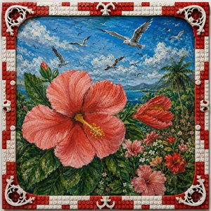 Bright hibiscus blooms burst from lush tropical greenery, framed in playful red and white Lego style blocks with gothic corner accents. Birds sweep across a richly textured sky above ocean mountains, adding motion and depth. This joyful artwork feels handmade, colorful, and unforgettable, perfect for brightening any Kung Fu Hand Painting gallery.