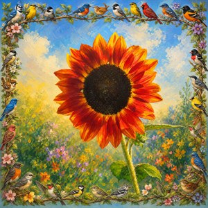 Celebrate this radiant hand painted sunflower, glowing with fiery orange petals, golden highlights, and a richly textured dark center. A lively border of colorful songbirds, vines, and blossoms frames the garden scene with cheerful charm. Bright sky, soft clouds, and blooming flowers make this artwork warm, joyful, and unforgettable today.