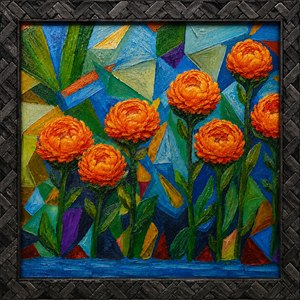 Bold, bright, and full of energy, this framed floral artwork bursts with thick orange blossoms, rich green stems, and a vivid geometric background of blues, teals, golds, and purples. The dense black and gray herringbone brick frame gives it strength, contrast, and a handcrafted gallery finish. A striking statement piece!