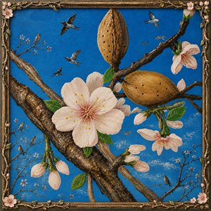Bursting with joy, this framed spring painting shines like a celebration of fresh life. Delicate pink blossoms, rich textured branches, golden almond pods, and cheerful birds dance across a brilliant blue sky. The ornate floral frame wraps everything in charm, making the artwork feel bright, lively, magical, and absolutely delightful.