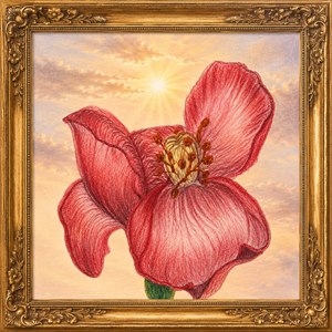 This dazzling botanical drawing bursts with radiant red petals, fine pencil texture, and glowing sunset drama. The ornate gold frame makes the flower feel treasured, elegant, and gallery ready. Warm sun rays, soft clouds, and rich petal detail create a beautiful centerpiece full of life, color, and excitement.