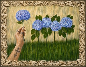Celebrate this unforgettable hand painted floral treasure, glowing with blue hydrangeas, lush green leaves, and a joyful hand holding a fresh picked bloom. Sparkling rings, a detailed cross tattoo, and a wild bleached fish bone collage frame create charm. Perfect statement art for collectors, dreamers, and happy homes everywhere today.
