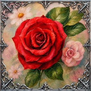 This breathtaking hand-painted red rose bursts with luxurious crimson petals, glowing green leaves, and dreamy pastel garden charm. Encased in a brilliant chrome gothic wrought-iron frame, it feels royal, romantic, and unforgettable. A spectacular floral treasure designed to dazzle walls, hearts, and collectors instantly everywhere today with timeless beauty.