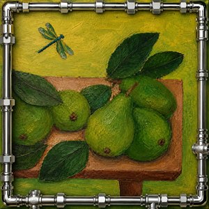 What a joyful rustic piece! A wooden frame of miniature wagon wheels surrounds the green pear still life, with bold oversized wheels anchoring each corner. The earthy browns and fresh greens feel playful, handmade, and charming, turning simple fruit into a lively country inspired artwork full of character and delight.