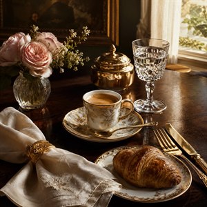 An opulent espresso setting gleams with intricate gold detailing, polished porcelain, and rich marble reflections. Creamy milk art spells HELLO across the velvety crema, while a golden spoon, delicate biscuit, and white rose complete this elegant celebration of coffee, craftsmanship, warmth, and timeless luxury beauty.