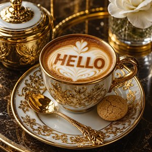 A luxurious espresso presentation glows with polished gold, ornate porcelain, and rich marble reflections. Delicate milk art spells HELLO across the crema, framed by graceful floral patterns. A gleaming spoon, crisp biscuit, and elegant white rose complete this refined, inviting celebration of coffee, craftsmanship, and beauty.