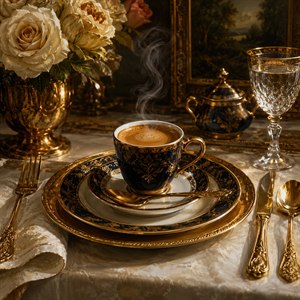 A luxurious espresso setting glows beneath warm, dramatic light. Ornate gold utensils, richly patterned china, crystal glassware, and creamy roses surround the steaming cup. Polished surfaces, delicate reflections, and classical details create an atmosphere of elegance, refinement, and timeless sophistication, perfect for an upscale dining scene.