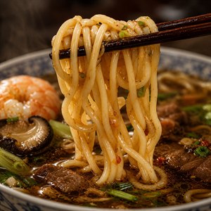 A steaming bowl of richly seasoned Asian noodle soup fills the frame, loaded with tender beef, shrimp, mushrooms, greens, and aromatic broth. Glossy noodles rise between chopsticks toward the unseen diner, capturing the intimate tradition of slurping soup. Dramatic lighting, rising steam, and vivid textures create irresistible, mouthwatering realism.
