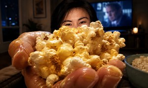 An intimate movie-night moment bursts into extreme perspective as a woman offers a buttery handful of popcorn toward the viewer. Golden kernels glisten with melted butter across her fingers, creating a deliciously messy close-up. Her eyes peek playfully above the snack, while television light and a cozy room blur behind.