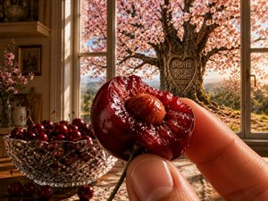 A sunlit kitchen becomes a romantic window into spring, where carved cherry tree blooms beyond the glass. In the foreground, a bitten, jewel-red cherry glistens with juice between lifelike fingers, its exposed pit adding irresistible realism beside an overflowing engraved crystal bowl of cherries and fallen fruit.