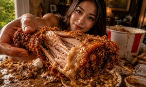 Indulge in a wildly irresistible fried chicken feast, presented in breathtaking close-up detail. A beautiful woman offers a juicy, crispy chicken leg straight toward the viewer, glistening with savory drippings. Behind her, a half-finished bucket, gravy-soaked fries, and a deliciously messy table promise bold flavor, fun, and unforgettable indulgence tonight.