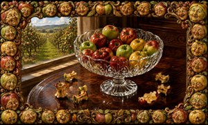 Sunlight pours through an orchard window onto a polished rosewood table, illuminating a sparkling crystal bowl filled with red, green, and golden apples. Scattered cores and half-eaten fruit suggest a recent feast, while orderly apple trees recede into rolling countryside, creating a warm, abundant, elegant harvest still life of autumn.