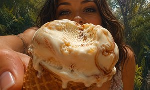 An extreme close-up captures a melting caramel-swirled ice cream cone held toward the viewer. A fresh bite exposes creamy layers and clear tooth marks, while glossy drips slide over the waffle cone. Behind it, a smiling woman peers forward through warm sunlight, surrounded by dense, romantic garden foliage and trees.