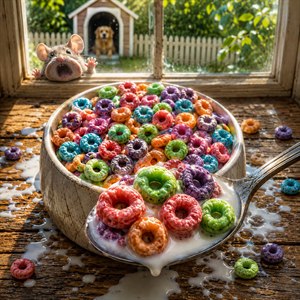 Bright, playful breakfast chaos bursts across a rustic wooden table, where colorful cereal loops overflow from a milk-filled bowl and spoon. Sunlight streams through the window onto spilled milk, while a curious dog watches from its house and a hilarious mouse squashes its face against the glass outside for laughs.