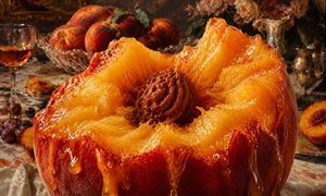 An enormous, partially eaten peach fills the frame, its crisp bite marks exposing glistening golden flesh and a richly textured pit. Thick juice streams over velvety red skin while an elegant bowl of peaches, wine glass, flowers, and silverware soften into the warm, luxurious background of this decadent painted feast.