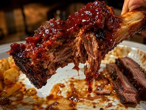 An enormous barbecue beef rib fills the foreground, its tender meat falling from the bone beneath a thick, glossy glaze. Rich sauce drips toward a seventy-five-percent-eaten plate scattered with roasted potatoes, sliced beef, and smoky juices. Warm lighting and sharp detail create an irresistible, mouthwatering first-person dining scene of indulgence.