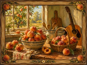 Golden afternoon light fills a rustic country kitchen where baskets and bowls overflow with freshly picked peaches. An acoustic guitar rests beside weathered utensils, suggesting music drifting through the peaceful room. Warm brushwork, natural textures, and a peach-carved wooden frame create a comforting celebration of summer, simplicity, and abundance.