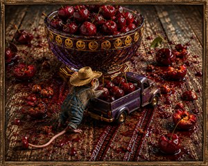 A hardworking mouse in denim overalls and a straw hat hurriedly loads glossy cherries into a miniature purple pickup. Behind him, an ornate purple glass bowl with gold smiling trim overflows with fruit. Cherry juice, bitten pieces, pits, and repeated tire tracks cover the weathered wooden table, suggesting a well-practiced theft.