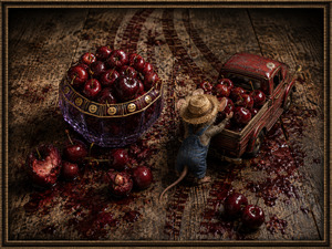 Viewed from behind, the hardworking mouse carries a cherry toward a weathered red pickup already packed halfway. The richly faceted bowl remains full, while bitten cherries, visible pits, and syrupy splashes cover the old wooden surface. Long, dark tire trails lead northward, adding motion and a clear escape route.