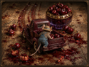 The mouse climbs against the back of a burgundy pickup, arranging cherries beneath his wide straw hat. Behind him, the gold-trimmed purple bowl sparkles with cheerful face medallions. Cherry skins, pits, pulp, and juice form a chaotic trail across the boards, while repeated wheel tracks reveal his well-practiced routine.