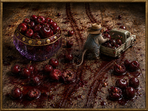 In the widest variation, the mouse loads a small green pickup surrounded by an enormous cherry mess. The bowl dominates the left side, jewel-like and overflowing. Whole, bitten, and crushed cherries scatter across deep juice puddles, while several northbound tire tracks wind through the weathered wood beneath an elegant gold frame.