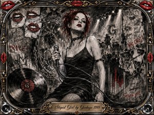 A defiant red-haired singer grips a microphone amid a gritty charcoal collage of shattered reflections, graffiti, vinyl records, stage lights, and shadowy crowds. Deep blacks, smoky grays, crimson accents, and metallic gold create a tense, rebellious mood, while the ornate music-themed frame and engraved title plate complete the dramatic 1990s alternative-rock aesthetic.