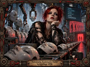 A red-haired woman rests wearily beside a relentless assembly line of pale masks in a decaying industrial factory. Robotic arms, exposed wiring, and repeating figures create a cold, oppressive rhythm. Steel blues, black, and warning-red light heighten the dystopian mood, framed by intricate mechanical metalwork and worn machinery.