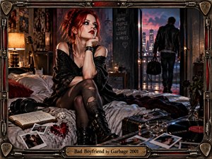 A red-haired woman sits pensively on a rumpled bed in a gritty rock-styled bedroom as a leather-clad man walks away toward a glowing city skyline. Warm amber lamplight contrasts with cool blue-red dusk. Guitars, records, photographs, headphones, and a cracked heart intensify the tense, cinematic mood within an ornate industrial-metal frame.