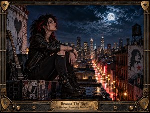 A leather-clad woman sits on a rain-slick rooftop above a glowing city, gazing toward a bright moon breaking through storm clouds. Cool blue night tones contrast with warm streetlights and neon reflections, creating a restless, romantic mood. Gritty urban textures, a black guitar, weathered murals, and an ornate bronze frame deepen the handcrafted rock aesthetic.