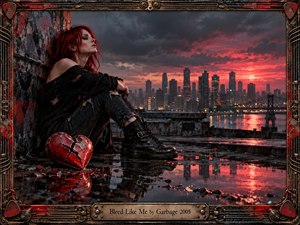 A red-haired woman in distressed black clothing sits alone on a rain-soaked rooftop beside a cracked red heart sculpture, gazing toward a distant city skyline. Storm clouds and a fiery crimson sunset reflect in puddles, creating a tense, melancholic mood. Photorealistic detail, grunge textures, dramatic lighting, and an ornate industrial frame complete the scene.