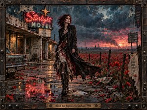 A defiant woman in torn black clothing strides past a decaying neon motel toward a vast field of crimson poppies beneath a turbulent sunset. Wet pavement reflects red light, while distant factories darken the horizon. Gritty mixed-media textures, distressed metal framing, scattered petals, and dramatic storm clouds create a rebellious, melancholic atmosphere.