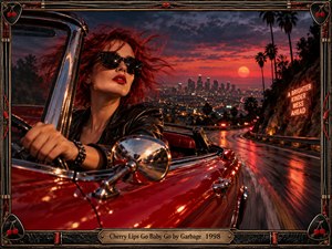 A fiery red-haired woman drives a gleaming vintage convertible along a rain-slicked hillside road overlooking a glowing city at sunset. Crimson, black, and gold dominate the cinematic neon-noir scene, with palm silhouettes, reflected lights, rushing motion, and dramatic clouds. An ornate guitar-inspired frame and engraved title plate complete the rebellious, glamorous composition.