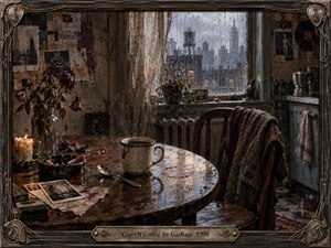 A rain-soaked apartment kitchen centers on a stained coffee cup resting on a worn wooden table, surrounded by wilted flowers, cigarette ash, photographs, and an empty chair draped with clothing. Muted browns, plum, gray, and blue create a lonely mood, while soft window light and textured painterly details evoke fading intimacy and quiet heartbreak.