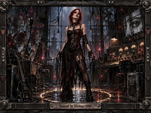 A defiant red-haired woman stands amid a rain-soaked industrial recording lab, surrounded by tangled cables, fractured mirrors, amplifiers, and glowing analog controls. Black, crimson, and steel tones create a tense gothic mood, while harsh amber lights and red sparks cut through the darkness. An intricate metallic instrument-inspired frame completes the handcrafted composition.
