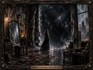 A lone woman in a flowing black dress stands inside a decaying, candlelit room, facing a vast cosmic void where walls have torn away. Cold blues, smoky grays, and warm amber light create haunting contrast. Distressed textures, shattered furnishings, distant city towers, and swirling galaxies evoke isolation, mystery, and uneasy transcendence.