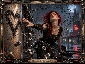 A red-haired woman reaches toward a corroded metal pillar as bolts and mechanical fragments spiral around her in a rain-soaked futuristic city. Cool blue moonlight contrasts with red neon reflections, creating a tense, magnetic atmosphere. Photorealistic detail, distressed metal textures, dramatic perspective, and an industrial frame reinforce the charged mood.