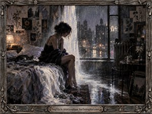 A solitary woman sits on an unmade bed in a rain-soaked nighttime apartment, framed by a glowing city beyond the window. Cool silvers, charcoal blacks, and muted amber light create a vulnerable, introspective mood. Painterly textures, wet reflections, scattered photographs, flowers, and ornate metal framing deepen the sense of memory, loneliness, and quiet longing.