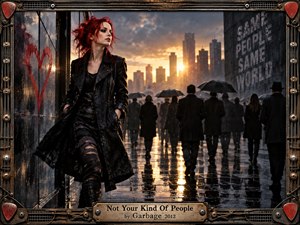 A defiant red-haired woman in weathered black clothing strides apart from an umbrella-filled crowd along a rain-soaked city street. Golden sunset light cuts through charcoal clouds and reflects across wet pavement, contrasting isolation with distant warmth. Industrial framing, guitar-inspired hardware, graffiti, and distressed textures create a gritty, cinematic alternative-rock atmosphere.
