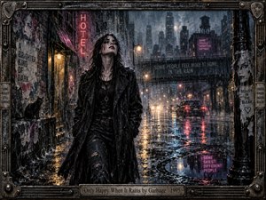 A dark-haired woman in black leather walks through a rain-soaked industrial city, her face lifted toward the storm. Neon magenta, amber streetlights, and blue-gray towers reflect across flooded pavement. The mood is defiant and melancholic, rendered in richly textured gothic realism, enclosed by an ornate, weathered metal frame.