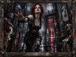 A red-haired woman reaches forward through a rain-slick industrial corridor, surrounded by shadowy figures and damaged metallic mannequins. Cold grays, black, and flashes of crimson create a tense, confrontational mood. Harsh reflections, distressed textures, tangled cables, and an aged metal frame give the scene a gritty, expressionistic, late-1990s alternative-rock atmosphere.