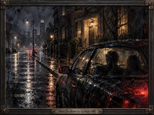 A rain-soaked city street glows beneath amber lamps and distant red taillights as two figures sit quietly inside a dark car. Warm townhouse windows contrast with the cold blue-black night, creating a tense, intimate mood. Thick impasto brushwork, shimmering reflections, and a weathered metal frame give the scene tactile, cinematic depth.