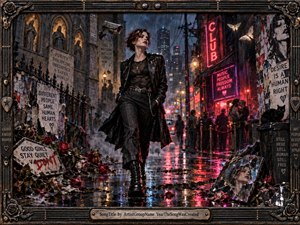 A defiant woman in black leather strides through a rain-soaked neon city street, framed by gothic architecture, torn protest posters, red roses, and shadowy nightlife. Crimson and blue reflections shimmer across wet pavement, while dramatic lighting, gritty realism, metallic textures, and symbolic details create a rebellious, provocative, emotionally charged atmosphere.